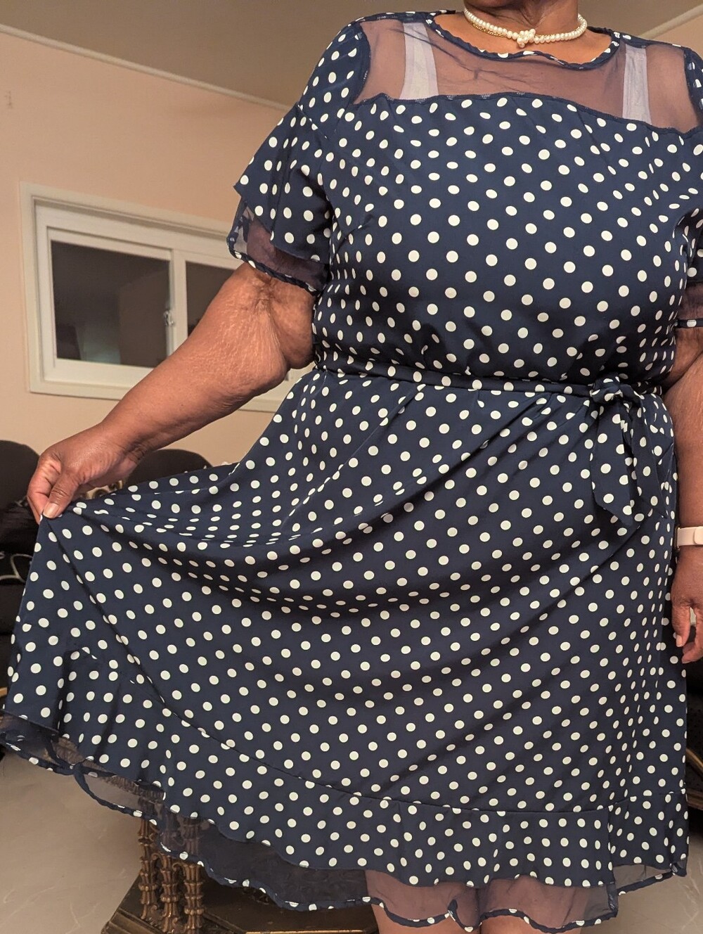 Navy Polka Dot Midi Dress with Sheer Yoke and Waist Tie